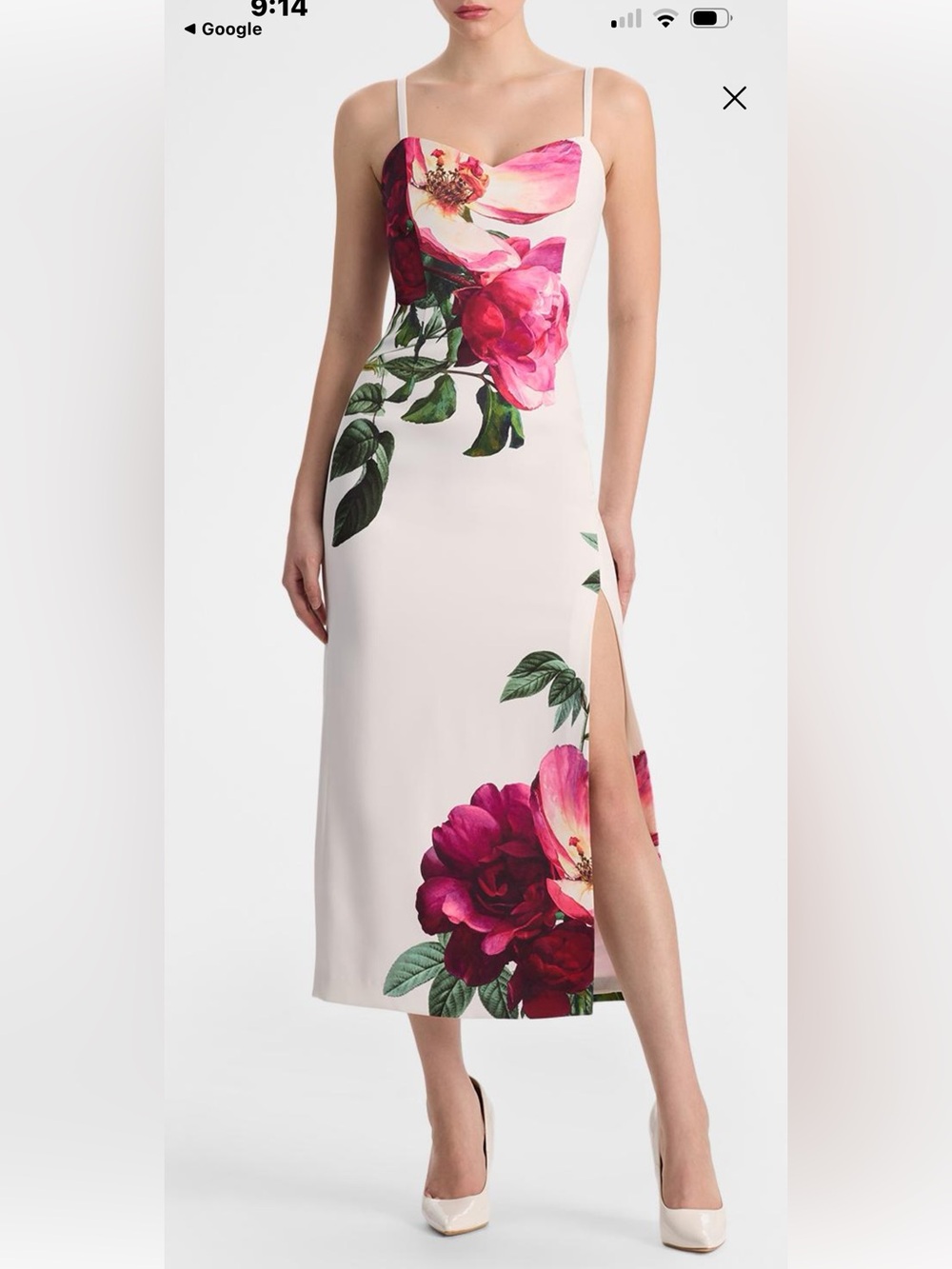 Alice + Olivia Cream Midi Slip Dress with Pink Floral Print and Side Slit